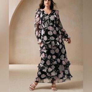 Floral Ruffle Layered Tiered Maxi Dress Size 1XL Black Pink Sheer Party Romantic